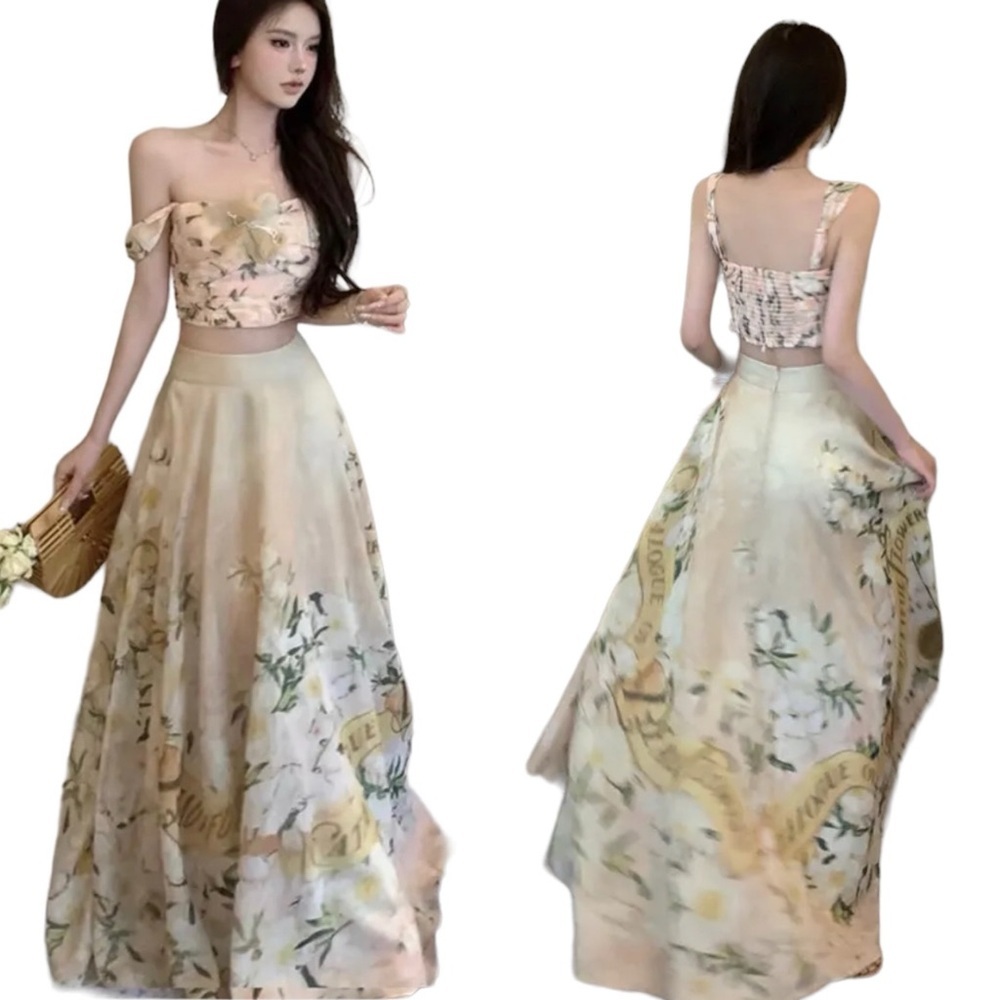 NWT Elegant Vintage Inspired Coastal Garden Floral CropTop/Maxi Skirt Set S - Picture 3 of 16